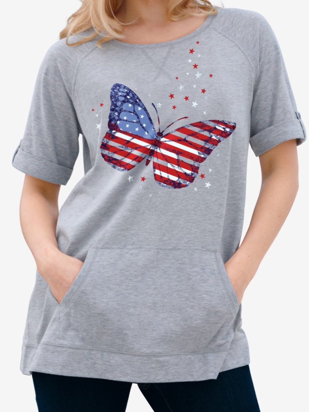 Woman Within Americana Kangaroo Pocket Tee Grey, USA Butterfly, size 26/28